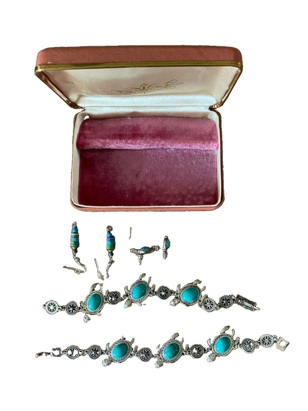 Vintage Travel Jewelry:Trinket Box W/ Velvet & Art. Deco Earrings & Bracelets